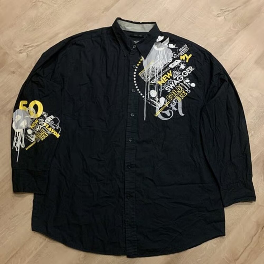 Y2K G-Unit Clothing Co Hip Hop Black Button Up Shirt 50 Cent Men's 2XL Cyber